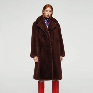 Mango brown faux fur coat floral printed lining